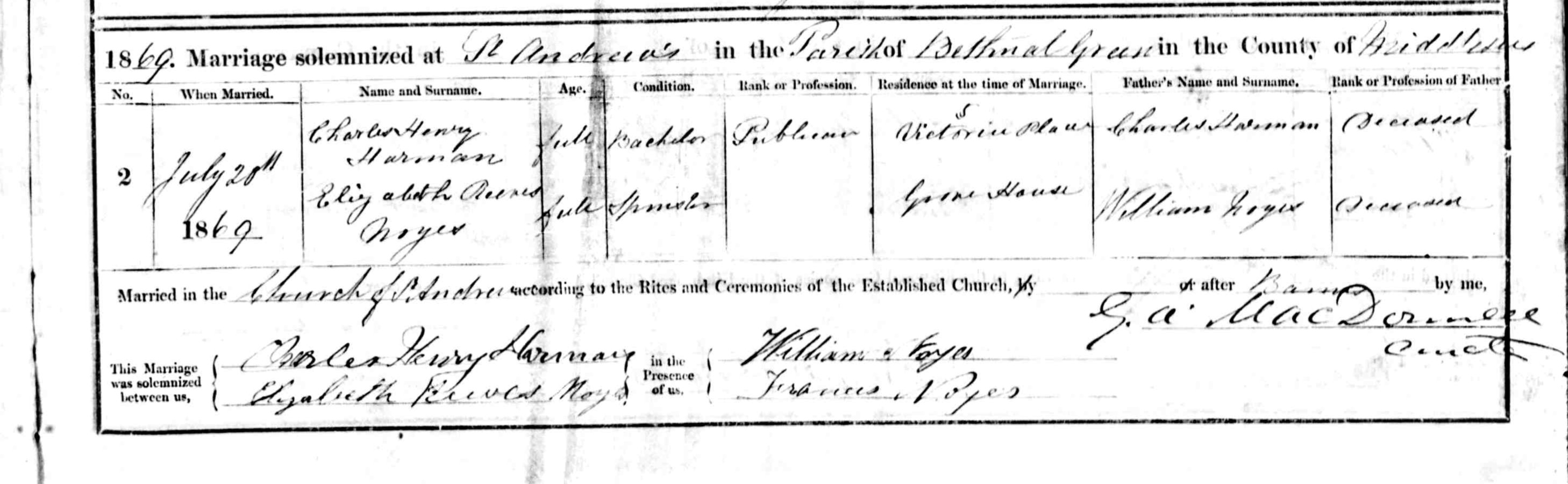 1869 marriage of Elizabeth Reeves Noyes to Charles Henry Harman
